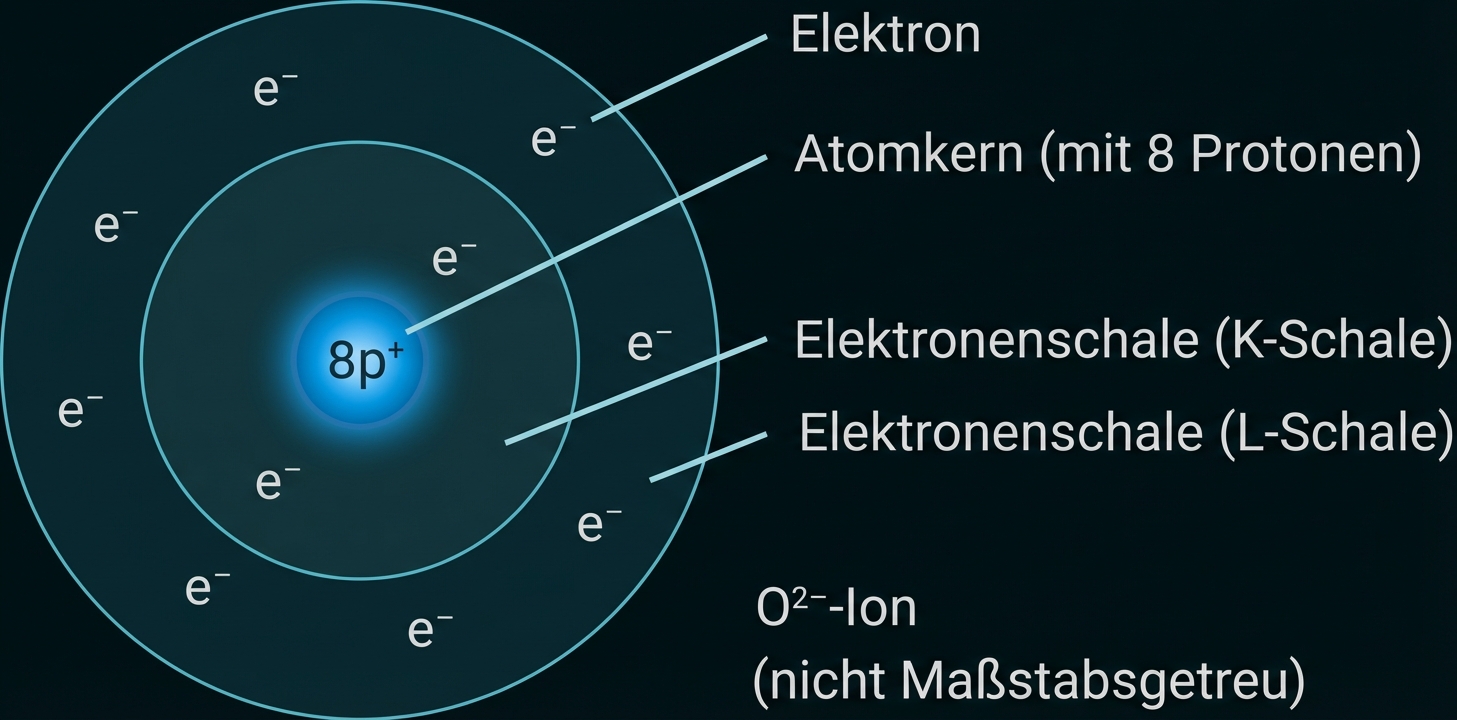 Schematische Darstellung eines O²⁻-Ions mit Atomkern (8p+) und zwei Elektronenschalen, Elektronen als e− gekennzeichnet.